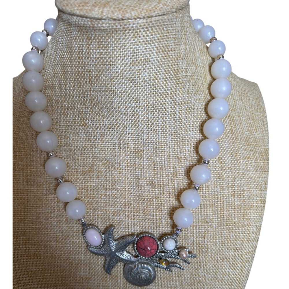 Artisan‎ Starfish Seashell Beaded Statement Necklace Silver Tone White BoHo